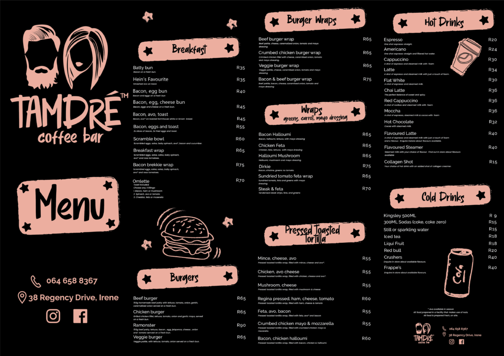 Menu TamDre Coffee Bar